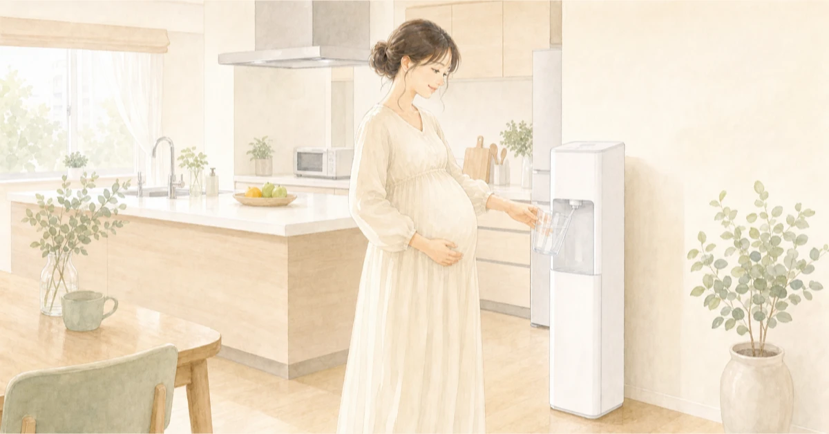 現代日本のマンションのキッチンでウォーターサーバーから水を注ぐ妊婦さんのイラスト