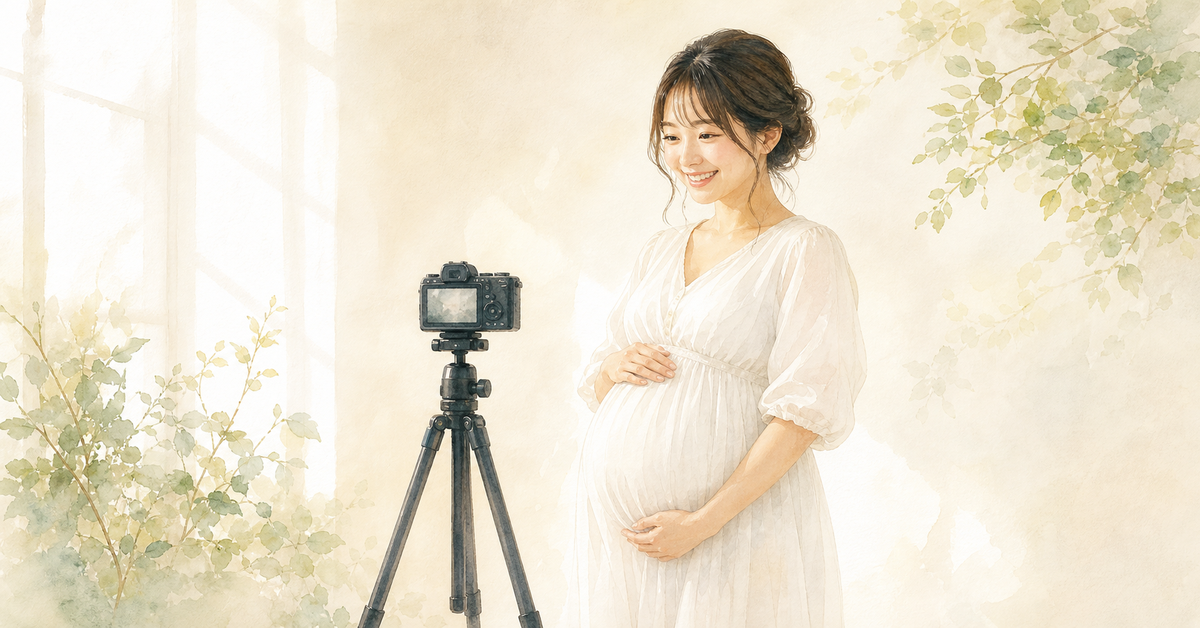 貸切スタジオで三脚のカメラの前に立つ、マタニティドレス姿の女性のイラスト