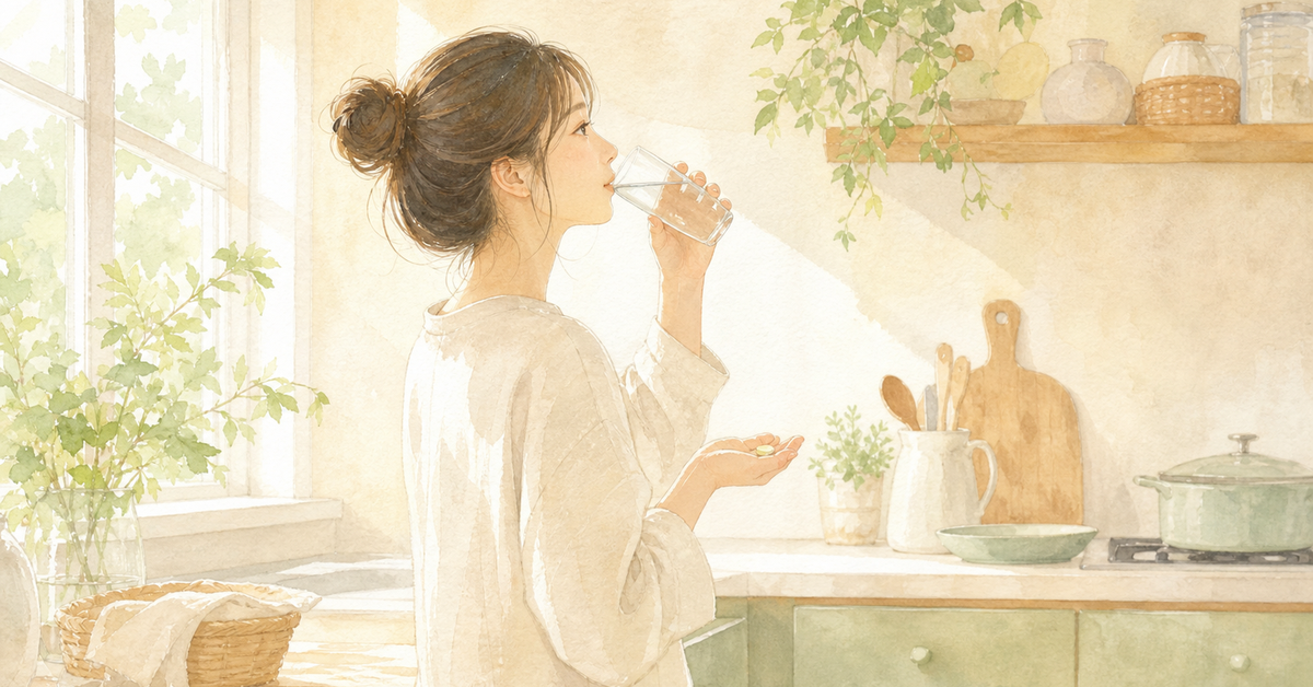朝のキッチンで水と一緒にサプリメントを手に取る女性のイラスト
